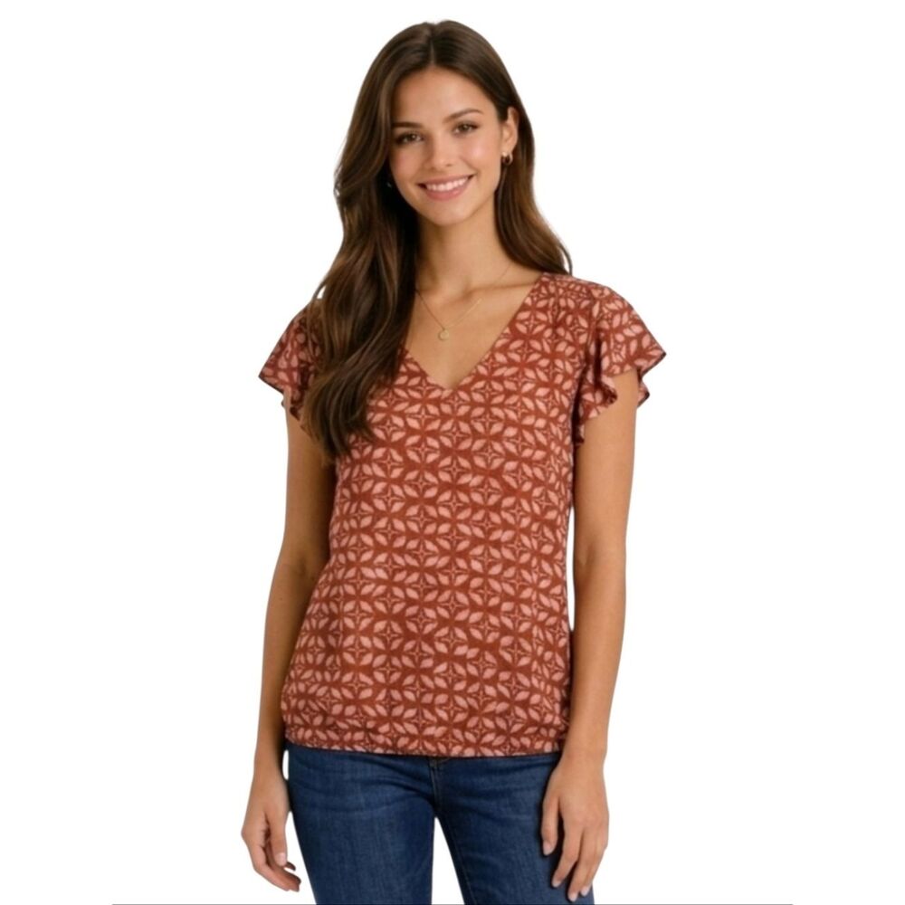 Maurices Rust Mixed Print V-neck Smocked Shoulder Flutter Sleeve Blouse Size M